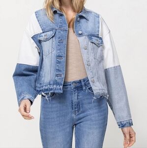 Vervet Denim - Oversized Crop Denim Jacket Color Block Disteessed